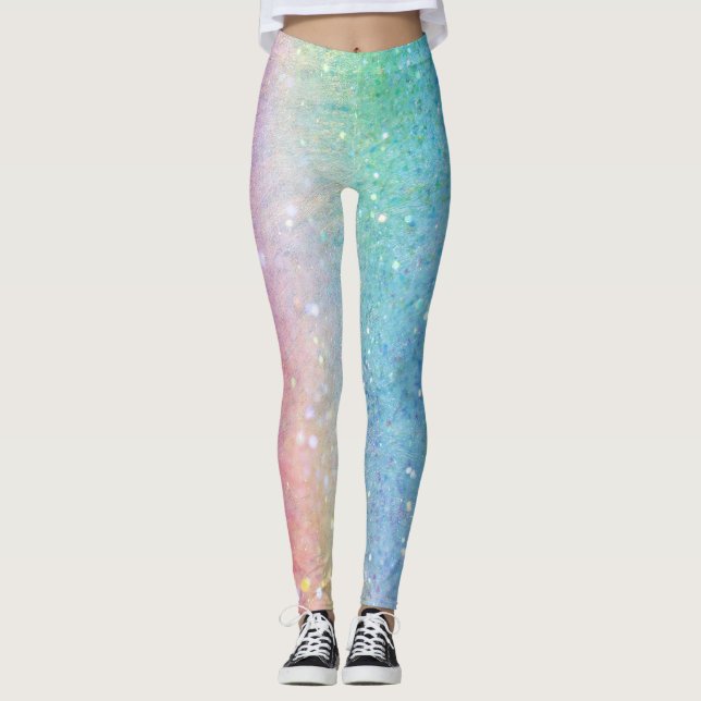 Faux Glitter Sequins Pastel Ombre Pink Blue Green Leggings (Front)