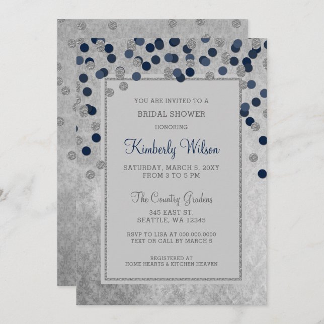 FAUX Glitter Silver Navy confetti Bridal Shower Invitation (Front/Back)