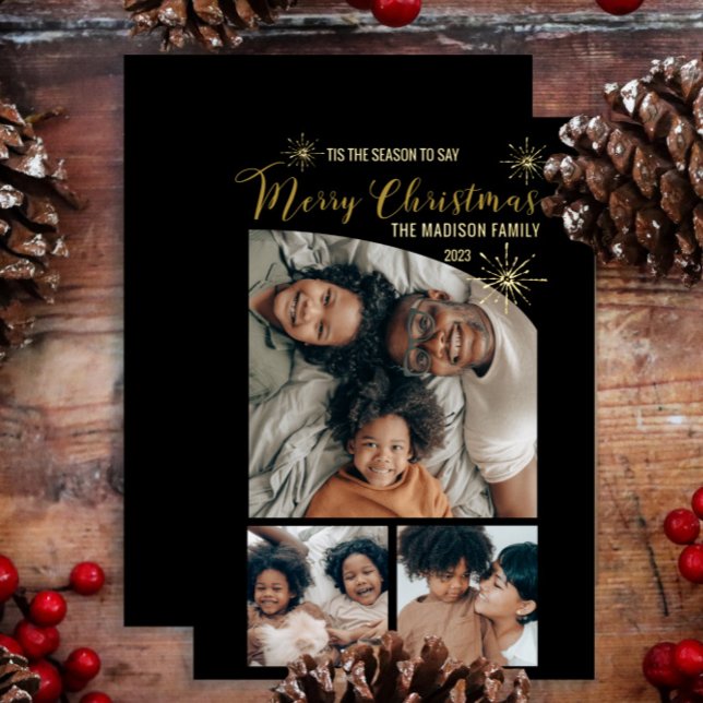 Faux Glitter Tapered Top 3 Photo Merry Christmas   (Say "Merry Christmas" in unique, elegant style with 3-photo gold foil cards.  Top tapered photo!)