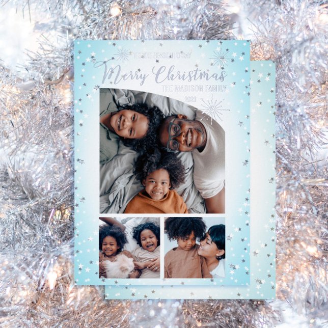 Faux Glitter Tapered Top 3 Photo Merry Christmas   (Here's wishing your family a "Merry Christmas" with this silver foil, tapered-top 3-photo design.)