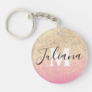 Faux Glitter Two Tone Pink Gold Monogrammed Key Ring