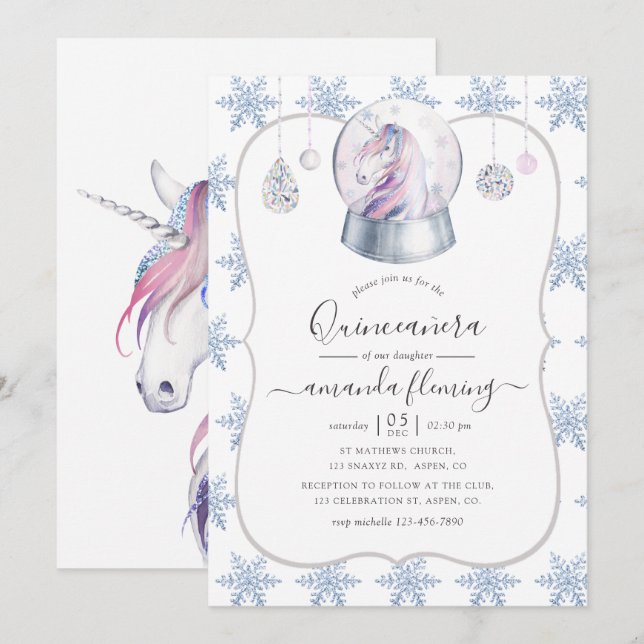 Faux Glitter Unicorn Winter Wonderland Quinceañera Invitation (Front/Back)