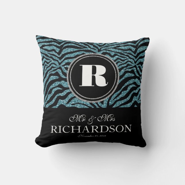 Faux Glitter Zebra Monogrammed Mr and Mrs Cushion (Front)