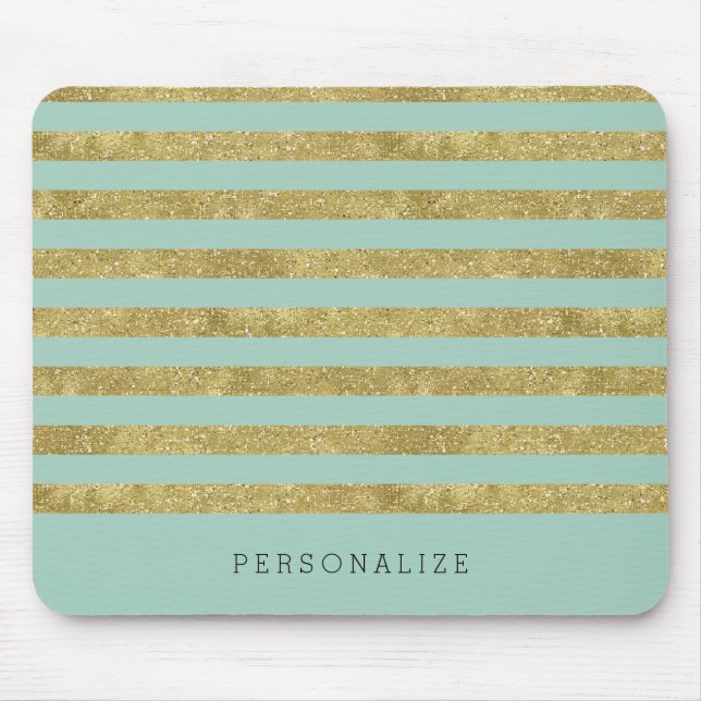 Faux Glittery Gold Mint Stripes Mouse Pad (Front)