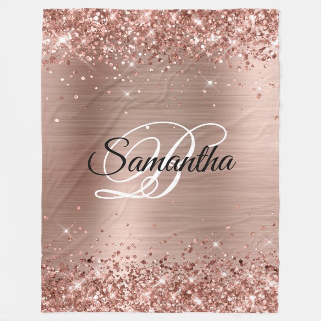 Faux Glittery Rose Gold Foil Fancy Monogram Fleece Blanket (Front)