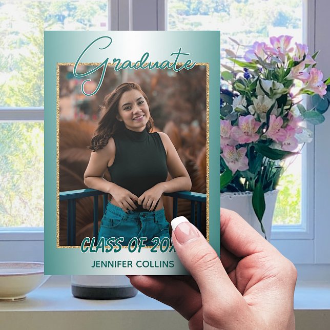 Faux Glossy Teal Green Gold Glitter Graduation Announcement (Creator Uploaded)