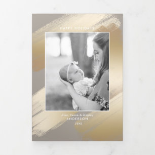 Faux Gold Abstract Swashes on Taupe Photo Tri-Fold Holiday Card