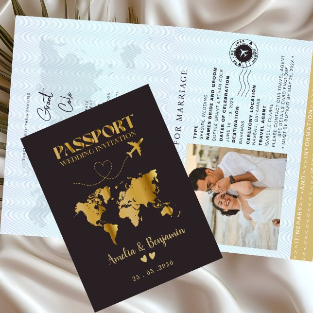 Faux Gold Aeroplane Passport Destination Wedding  Invitation (Creator Uploaded)