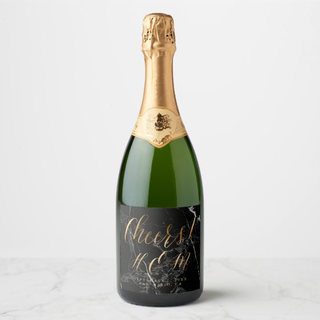 Faux Gold Ampersand, A-Z Monogram Black Marble Sparkling Wine Label (Front)