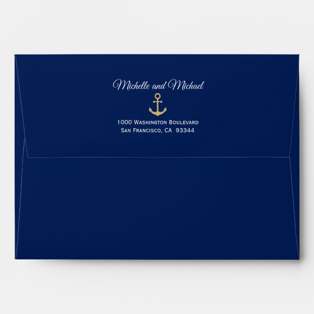 Faux Gold Anchor Insert Navy Blue Wedding Envelope (Back (Top Flap))