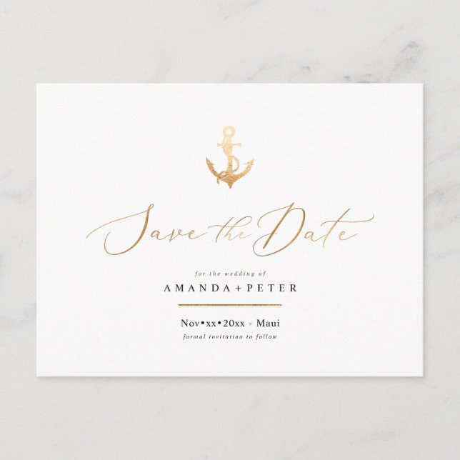 Faux Gold Anchor, Nautical Save the Date Postcard (Front)