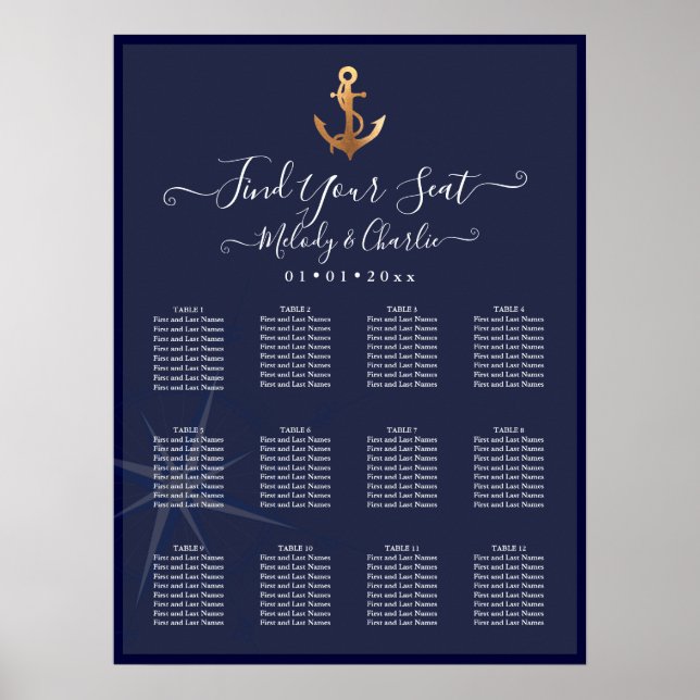 FAUX GOLD ANCHOR NAVY NAUTICAL SEATING CHART (Front)