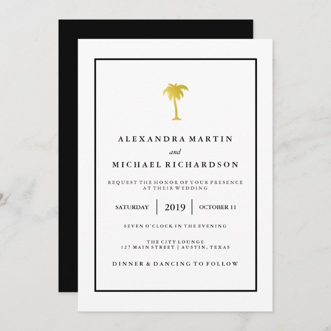 Faux Gold and Black Palm Tree | Glam Wedding Invitation (Front/Back)