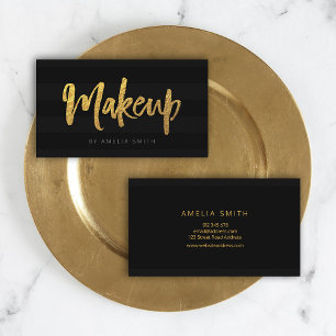 Faux Gold and Black Stripes Brush Script Makeup Business Card
