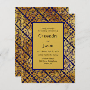 Faux Gold and Blue Wedding Invitation