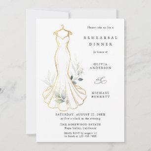 Faux Gold and Greenery Wedding Dress Rehearsal Din Invitation