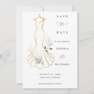 Faux Gold and Greenery Wedding Dress Save The Date