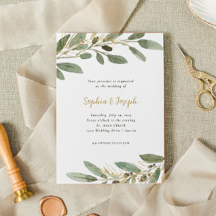 Faux Gold and Olive Leaves   Wedding Invitation