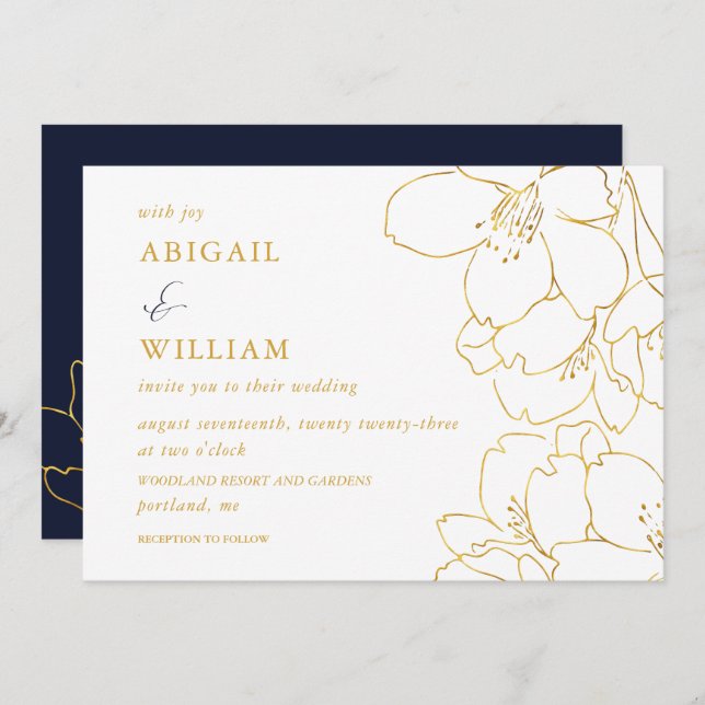 Faux Gold and White Floral Navy Wedding Invitation (Front/Back)