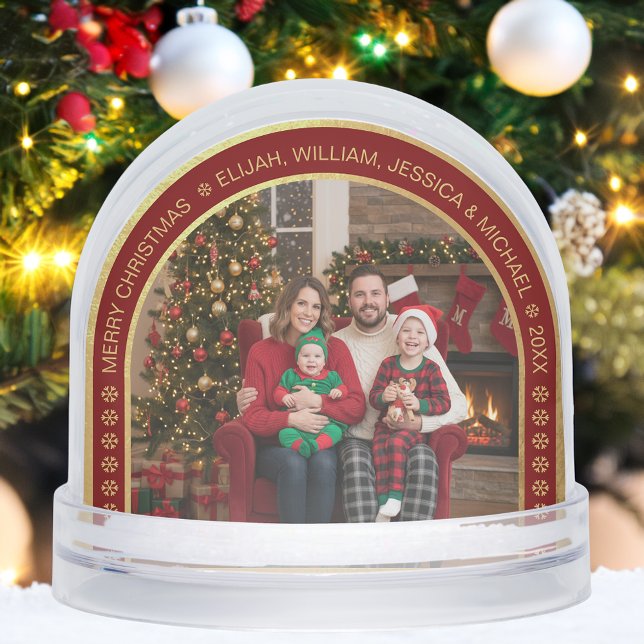 Faux Gold Arch Christmas Family Photo Burgundy   Snowglobe (Creator Uploaded)