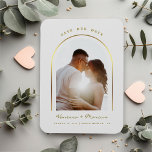 Faux Gold Arch Wedding Photo Save The Date Magnet<br><div class="desc">Design features a gorgeous golden (faux gold) arched frame for your best Save Our Date Photo,  with a thin calligraphy script,  against a wedding cream color background.  Easily customize with names,  date,  location of choice.  Ideal for any modern wedding theme in any season.</div>