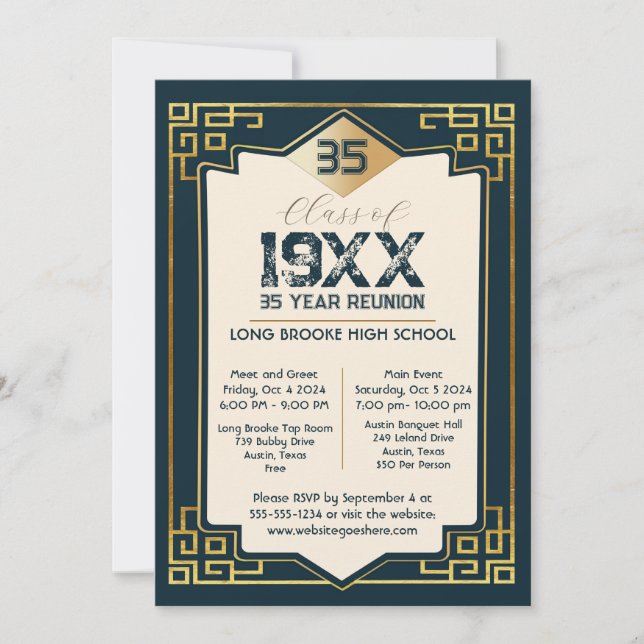  Faux Gold Art Deco 35 Year High School Reunion Invitation (Front)