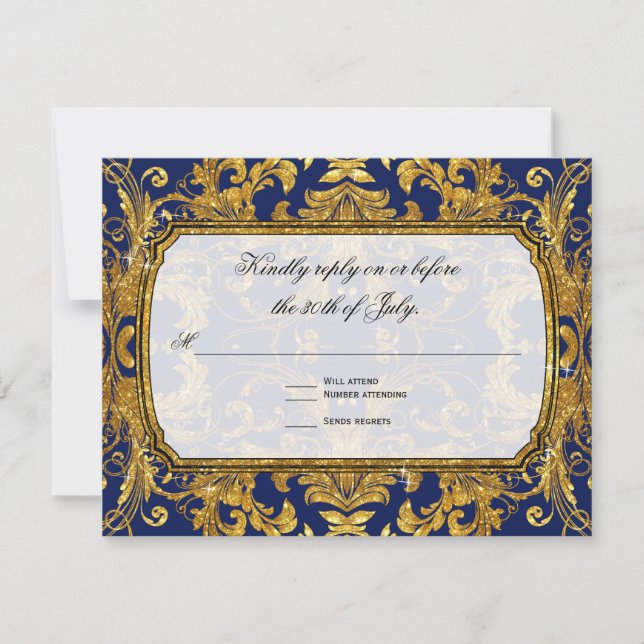 Faux Gold Art Nouveau Navy Vintage RSVP Response (Front)
