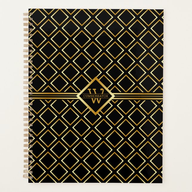 Faux Gold Axis Monogram – Black & Gold Planner (Front)