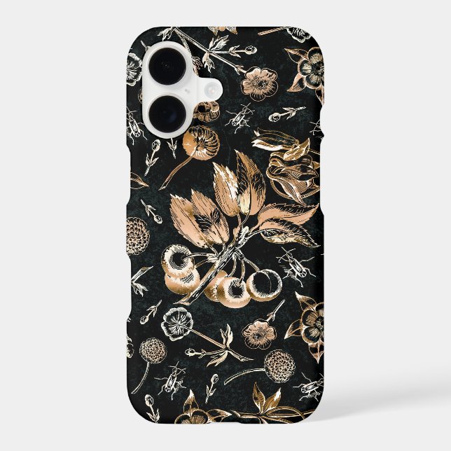 Faux Gold Beetles Flowers Leaves Cherry Fruits iPhone Case (Back)