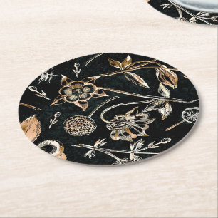 Faux Gold Beetles Flowers Leaves Cherry Fruits Round Paper Coaster