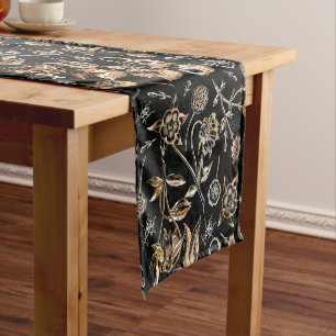 Faux Gold Beetles Flowers Leaves Cherry Fruits Short Table Runner