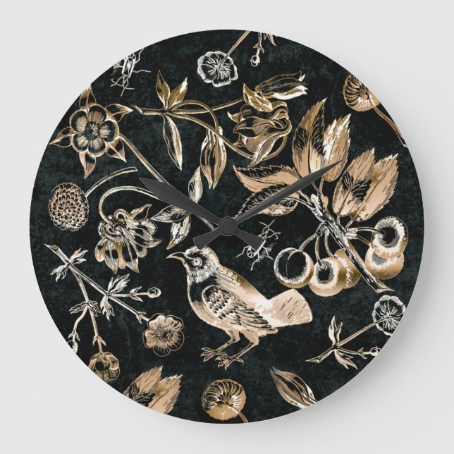 Faux Gold Bird Beetles Flowers Cherry Fruits  Large Clock (Front)