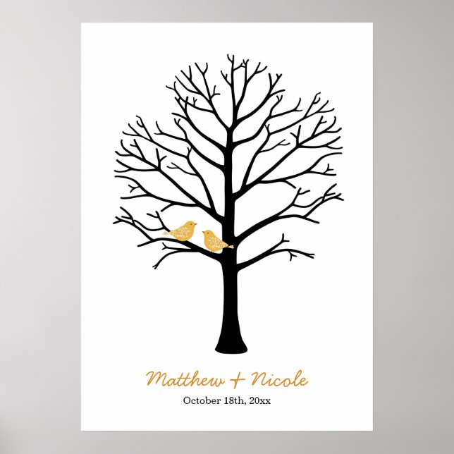 Faux Gold Birds Black Fingerprint Tree Wedding Poster (Front)
