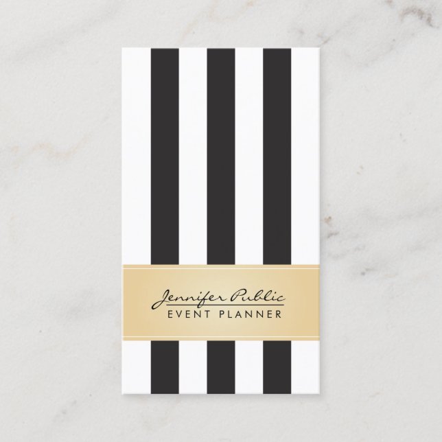 Faux Gold Black and White Stripe Event Planner Business Card (Front)