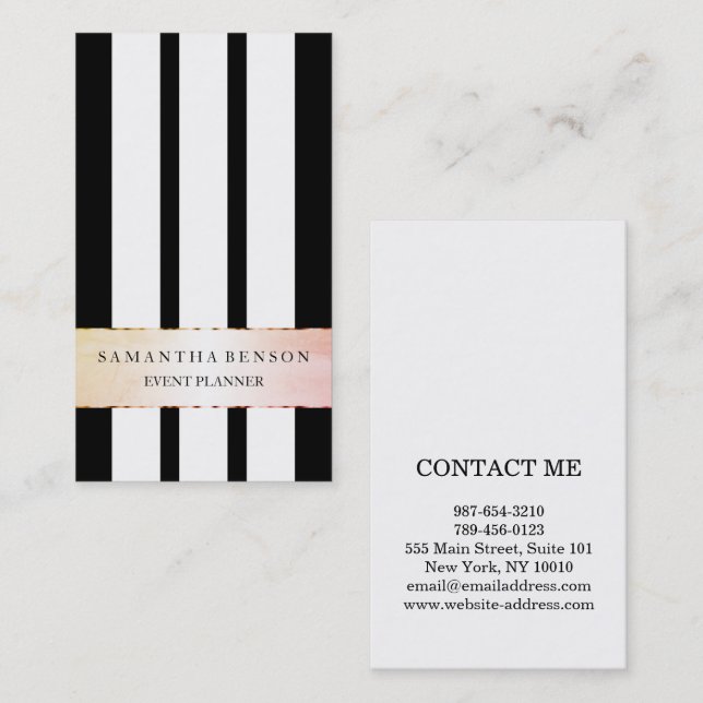 Faux Gold Black and White Stripes Vertical Business Card (Front/Back)