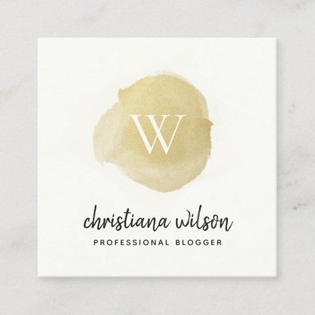 FAUX GOLD BLACK BRUSH STROKE CALLIGRAPHY MONOGRAM SQUARE BUSINESS CARD (Front)