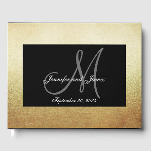 Faux Gold Black Elegant Monogram Photo Wedding Guest Book