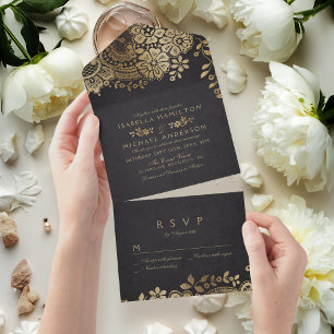 Faux gold black elegant vintage lace wedding all in one invitation