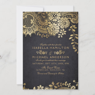 Faux gold black elegant vintage lace wedding invitation