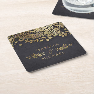 Faux gold black elegant vintage lace wedding square paper coaster