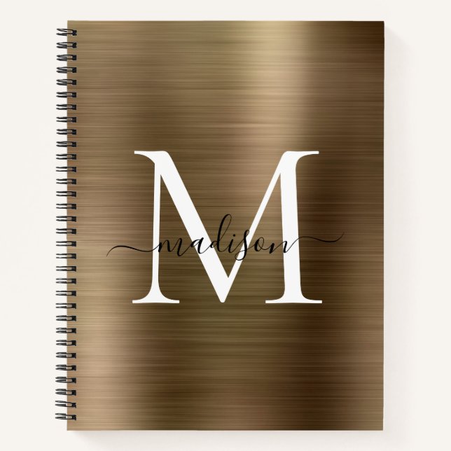 Faux Gold Black Monogram Script Brushed Metal Foil Notebook (Front)