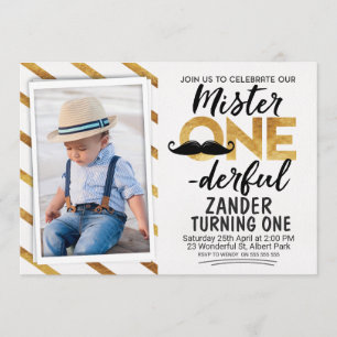 Faux Gold Black Mr Onederful Birthday Invitation