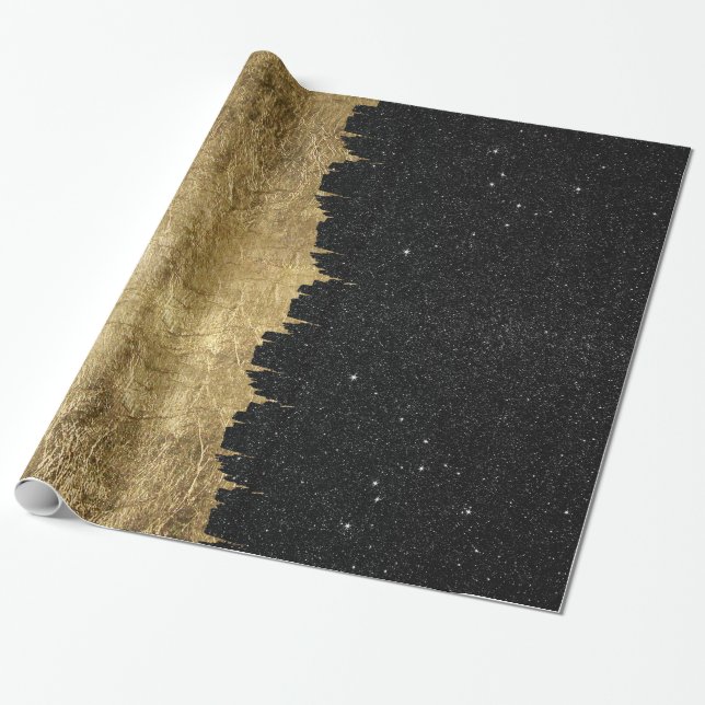 Faux Gold & Black Starry Night Brushstrokes Wrapping Paper (Unrolled)