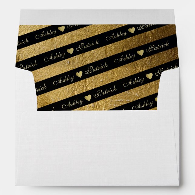 faux gold & black, stripes & love hearts, wedding envelope (Back (Bottom))