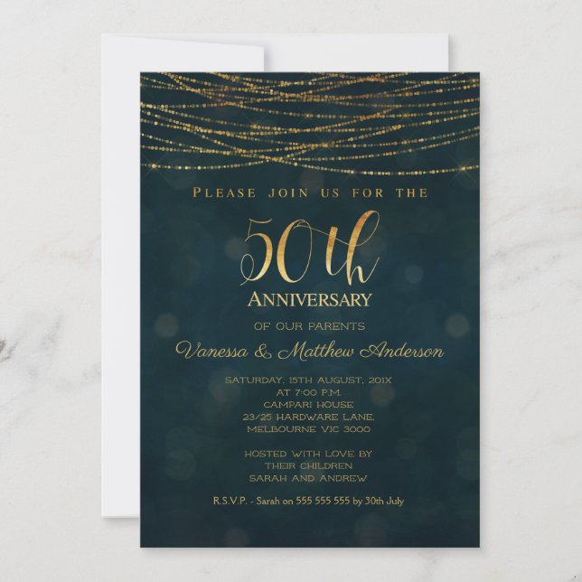 Faux Gold Blue 50th Wedding Anniversary Invitation (Front)