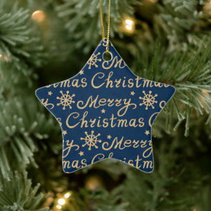 Faux Gold & Blue Merry Christmas Lettering Pattern Ceramic Tree Decoration