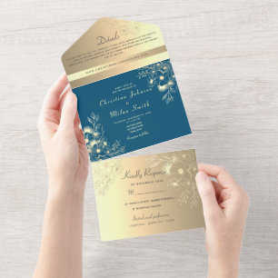 Faux Gold Blue Wedding All In One Invitation