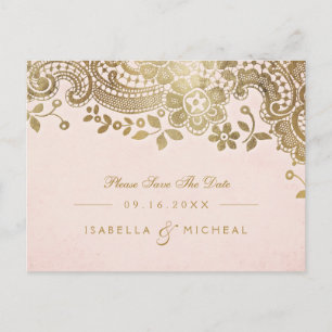 Faux gold blush elegant lace wedding save the date announcement postcard