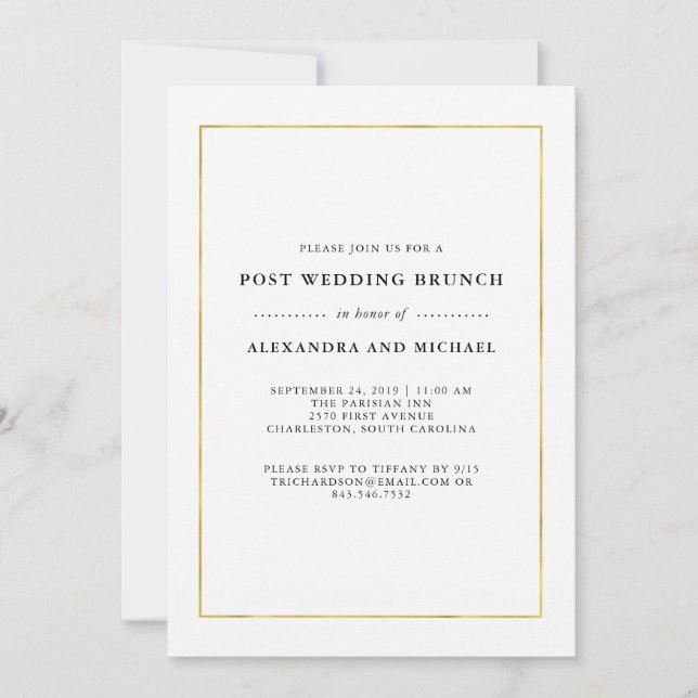 Faux Gold Border Post Wedding Brunch Invitation (Front)