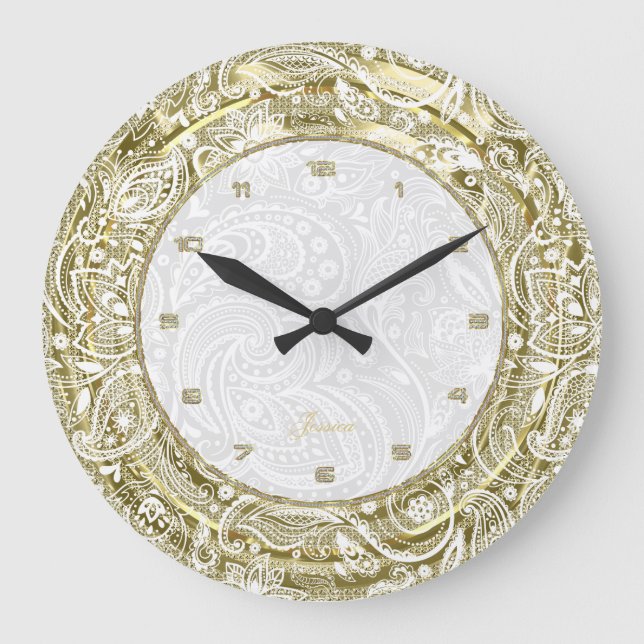 Faux Gold Border With Custom White Background Large Clock (Front)